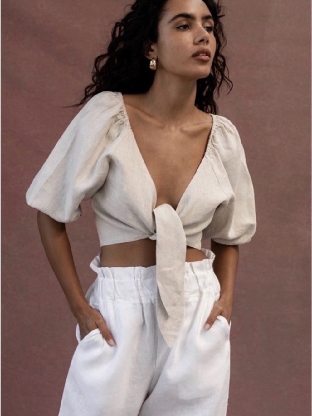 Posse Mia Top Women’s Medium 100% Linen Tie-Front Puff Sleeve Crop Top in Cream